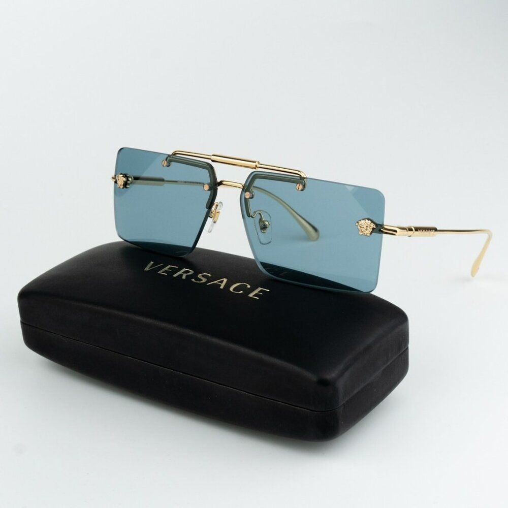 NEW Versace VE2245 100280 Gold Blue Rectangle Rimless Metal Unisex Sunglasses